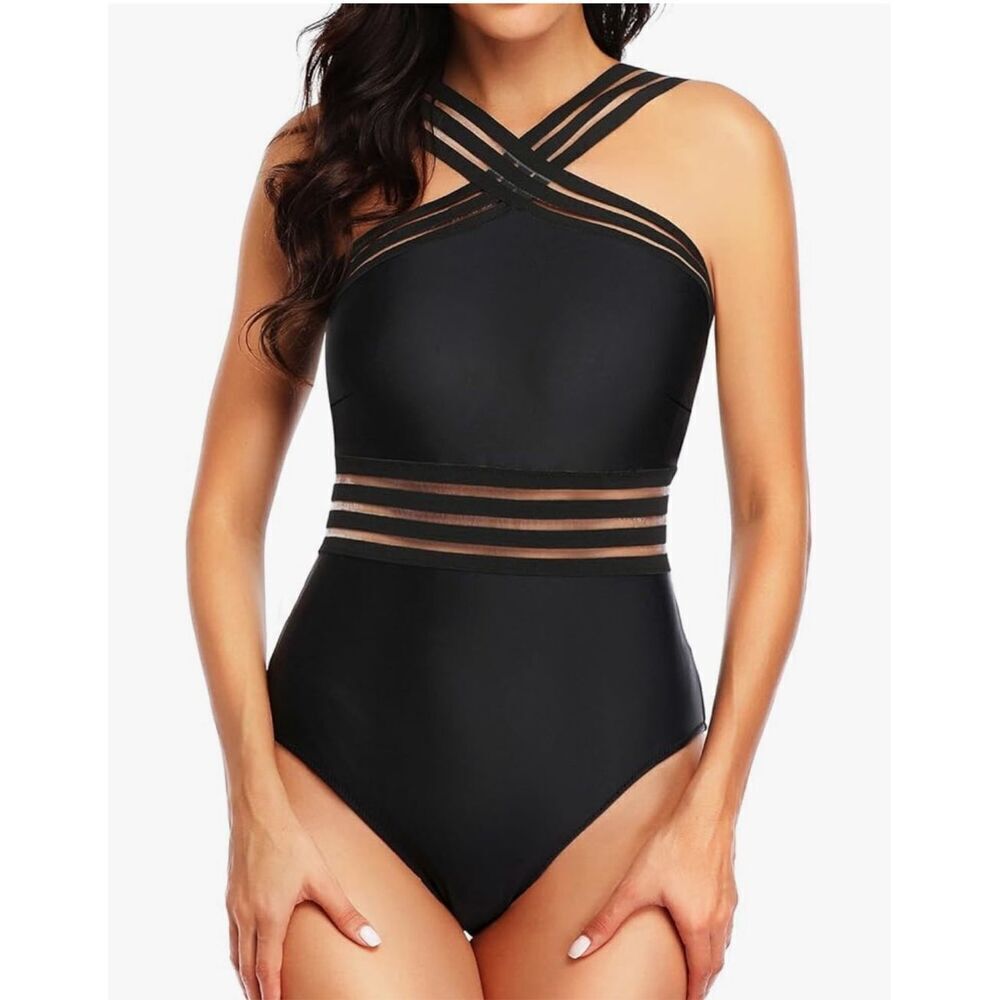 NEW Crisscross 1 Pc Swimsuit Tummy Control Bathing Suit Front Crossover L
